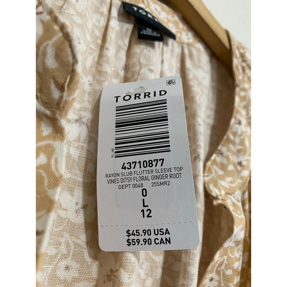 Torrid Rayon Slub Flutter Sleeve Top Vines Ditsy Floral Ginger Root Tan 0 L 12 - Picture 3 of 5